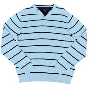 Men's TOMMY HILFIGER V‎ Neck Baby Blue/Navy Striped Sweater- Size M